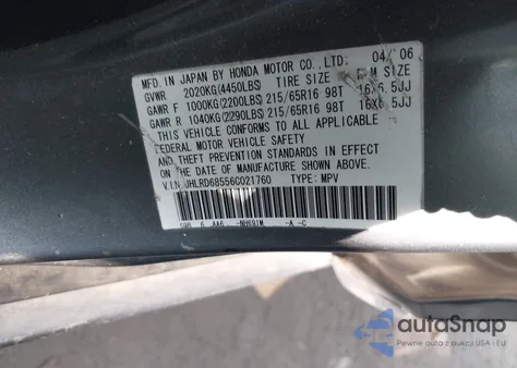 2006 Honda Cr-V Lx z USA, uszkodzony, nr VIN JHLRD68556C021760